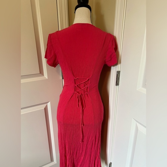 Vintage pink/Red Button-Front lace back cinch waist V-neck short sleeve dress - Picture 6 of 7